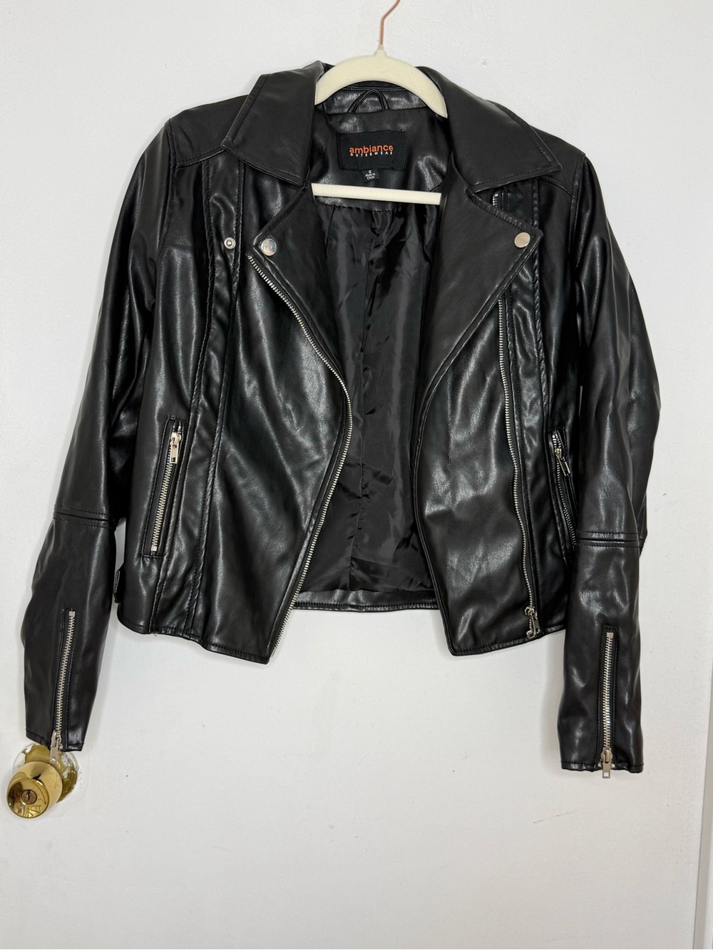 Ambiance Black Faux Leather Moto Jacket with Zip Details